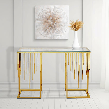 Owen Gold Metal Console Table with Clear Glass Top