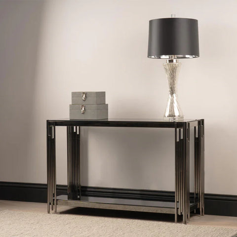 Cohen Black Gunmetal Steel Tubes and Smoke Glass Top Console Table