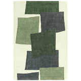 Green and grey abstract modern rug with geometric blocks on cream background