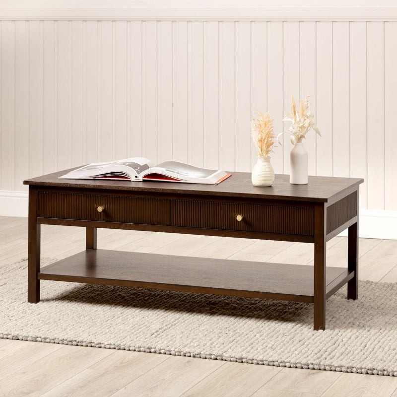 Lindon 2 Drawer Coffee Table Walnut Brown with Gold Handles