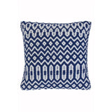 Navy and white geometric patterned cushion with textured fabric front view