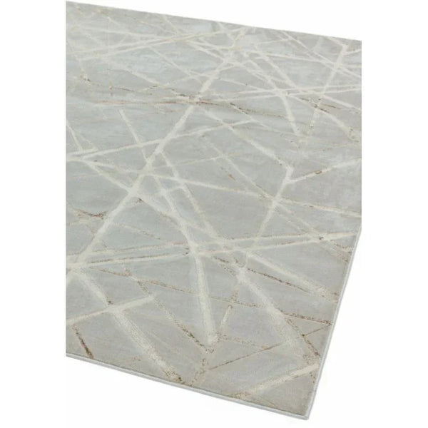 light grey modern rug with abstract linear pattern and textured finish, angled view