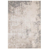 Beige and grey abstract area rug with distressed pattern, rectangular shape, flat lay view