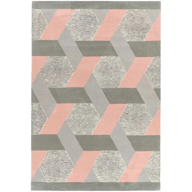 Geometric wool rug with pink, grey and cream hexagon pattern, top-down angle