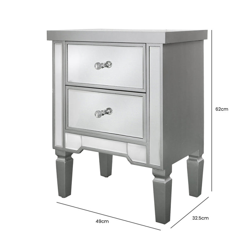 Vista 2 Drawer Silver Wood & Mirror Bedside Cabinet