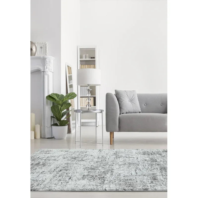 Grey textured living room rug with modern grey sofa, glass lamp, and indoor plant