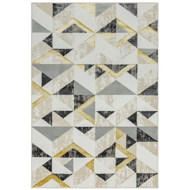 Geometric patterned area rug in grey, beige, black and yellow with abstract triangles