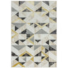 Geometric patterned area rug in grey, beige, black and yellow with abstract triangles