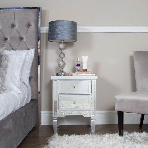 Vista 2 Drawer Silver Wood & Mirror Bedside Cabinet