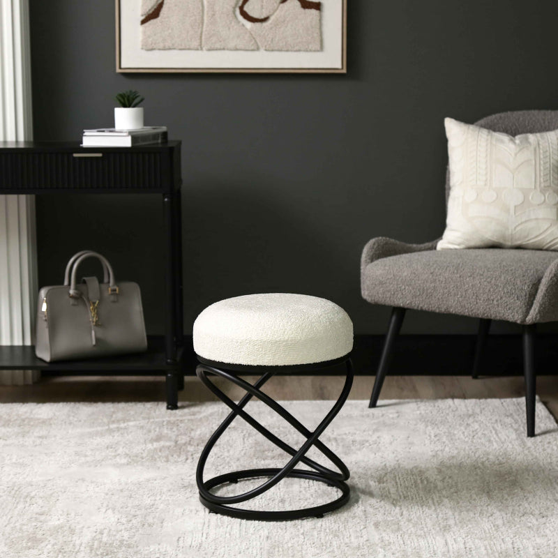 46cm White Boucle Rizzo Stool with Black Legs