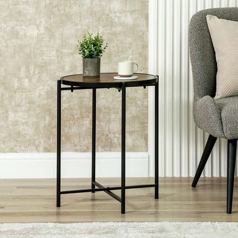 55cm Black Metal End Table with Brown Wooden Top