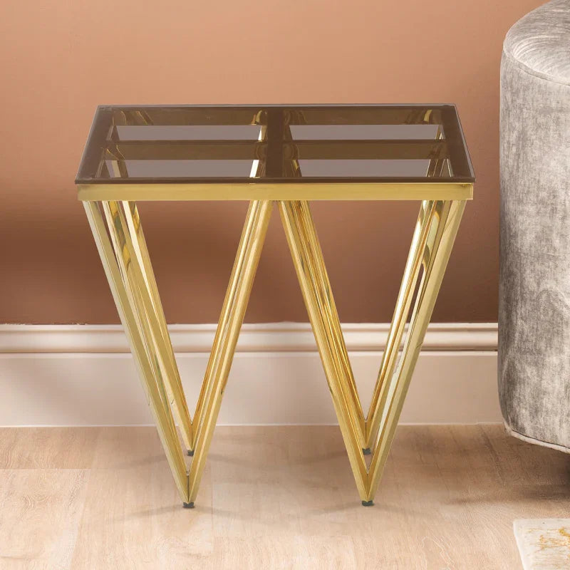 Gold Metal End Table with Smoked Glass Top