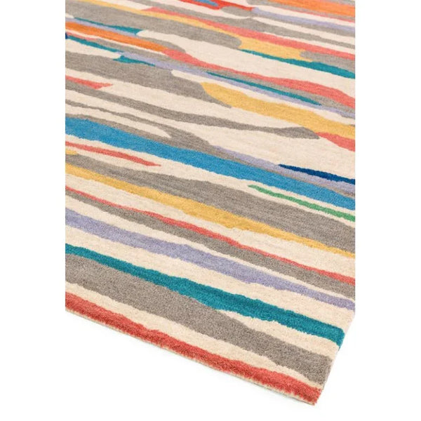 Multicolour abstract area rug with bold stripes in blue, yellow, grey, and red tones