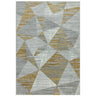 Geometric patterned rug in grey and gold tones, featuring abstract angular shapes