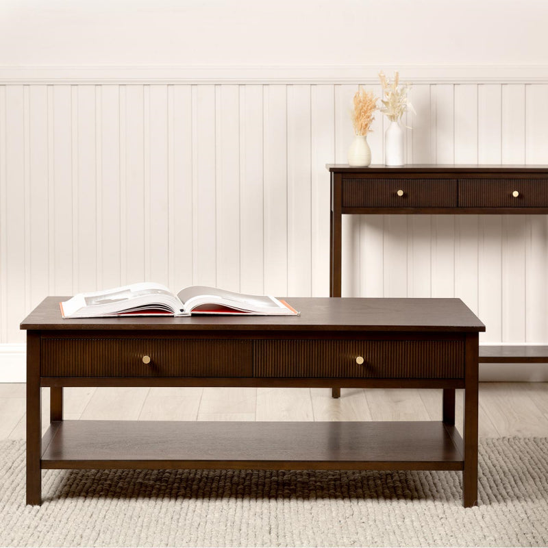 Lindon 2 Drawer Coffee Table Walnut Brown with Gold Handles