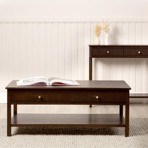 Lindon 2 Drawer Coffee Table Walnut Brown with Gold Handles