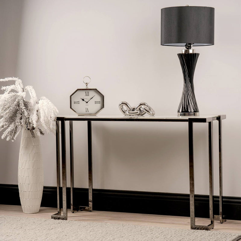 Aamari Grey Gunmetal Console Table with White Faux Marble Glass Top - KD