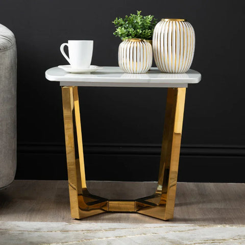 Meghan Gold Metal End Table with White Faux Marble Top