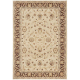 Beige traditional area rug with brown border and floral pattern