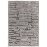 Grey modern area rug with abstract textured pattern and rectangular border