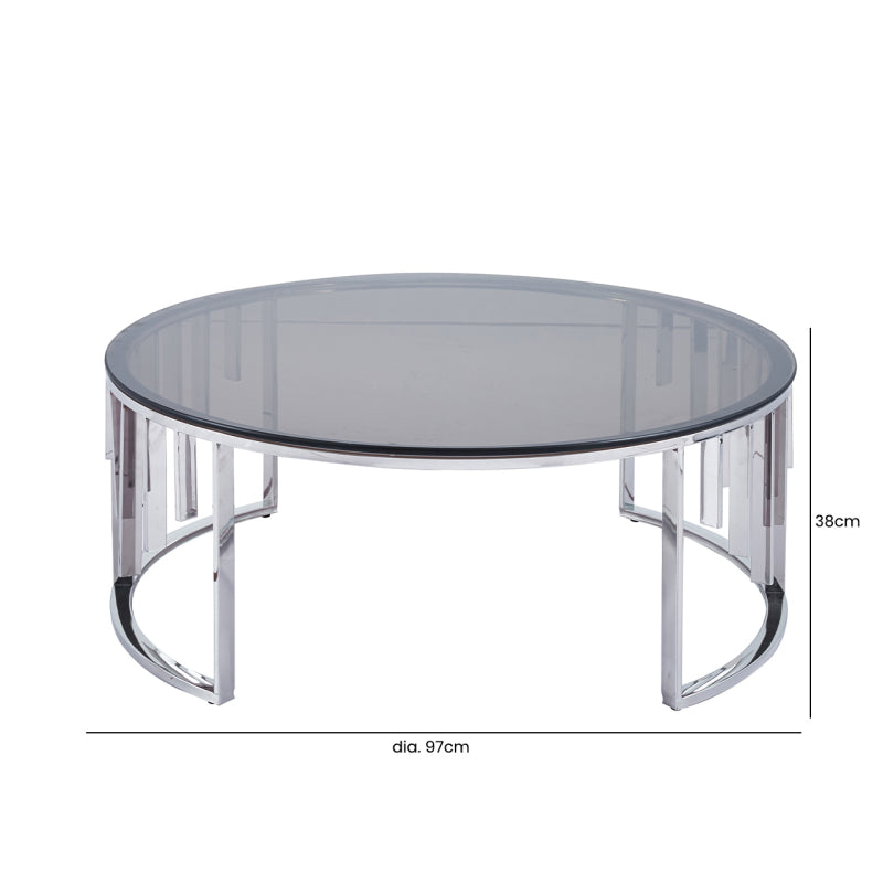 Owen Round Chrome Metal Coffee Table with Smoke Glass Top