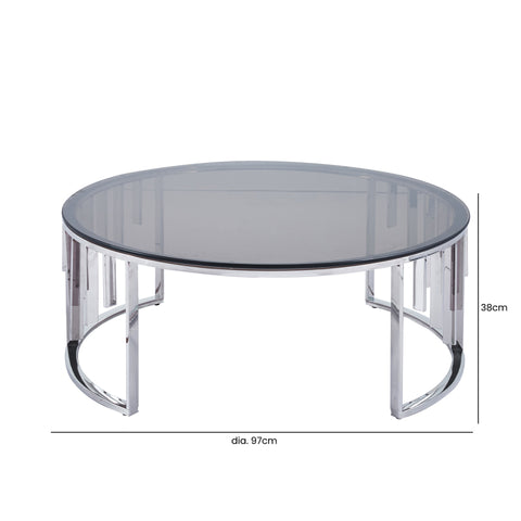 Owen Round Chrome Metal Coffee Table with Smoke Glass Top