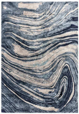 Blue and grey abstract area rug with marble swirl pattern and soft texture