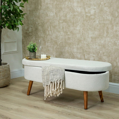 45.5cm White Boucle Storage Bench in Wooden Legs