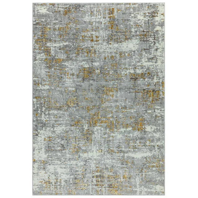Abstract grey and gold area rug with distressed modern pattern