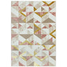 Geometric area rug with pink, beige, and gold triangles on a white background