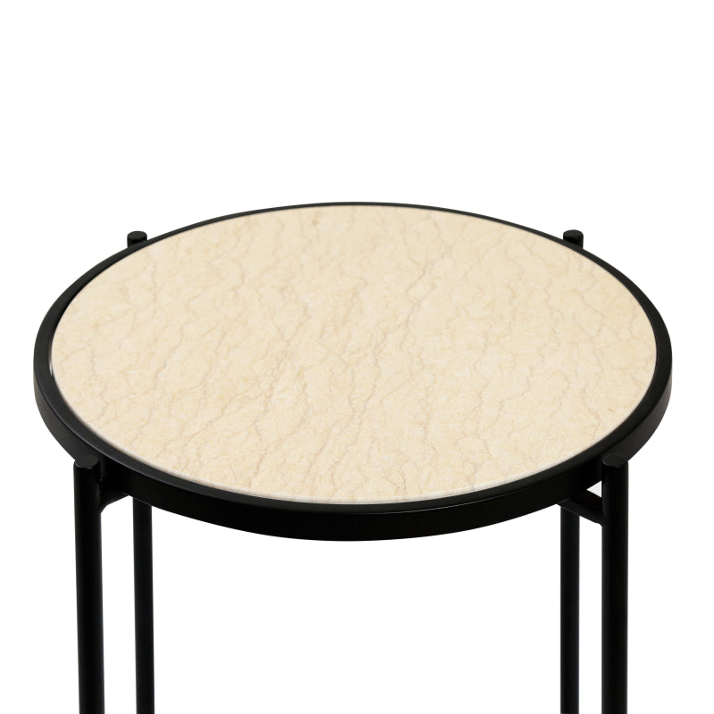 55cm Black Metal End Table with Travertine Marble Top