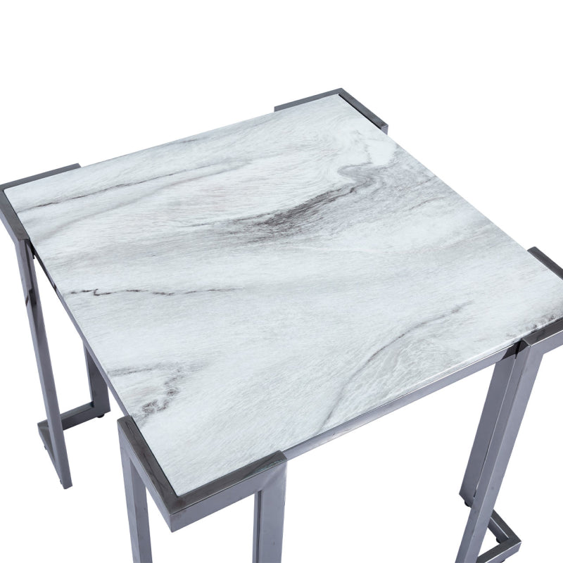 Aamari Grey Gunmetal End Table with White Faux Marble Glass Top - KD