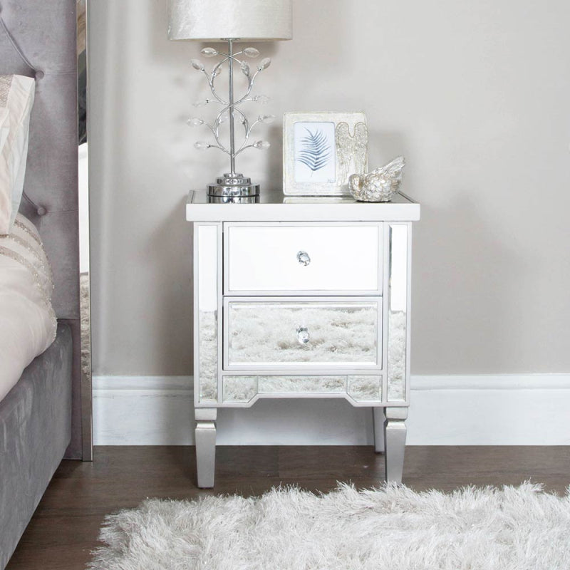 Vista 2 Drawer Silver Wood & Mirror Bedside Cabinet