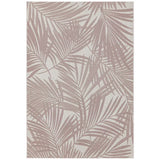Beige area rug with pink palm leaf pattern and flat woven texture