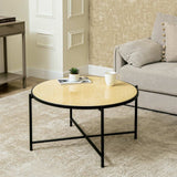 45cm Black Metal Coffee Table with Travertine Marble Top