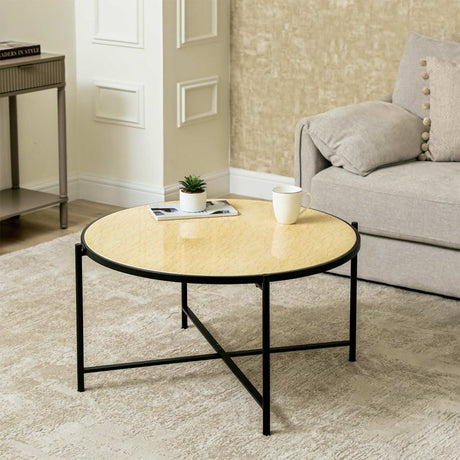 45cm Black Metal Coffee Table with Travertine Marble Top