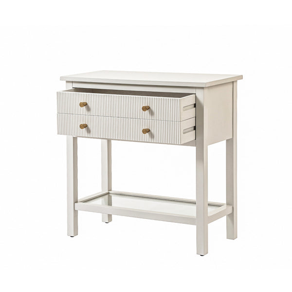 Lindon Frosty White 2 Drawer Bedside Cabinet with Clear Glass Shelf with Gold Handle