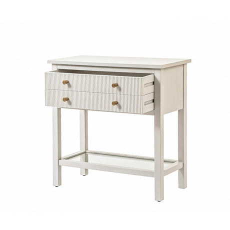 Lindon Frosty White 2 Drawer Bedside Cabinet with Clear Glass Shelf with Gold Handle