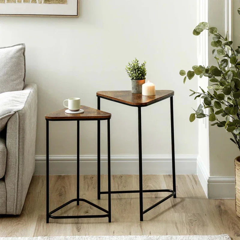 Set of 2 Black Metal Nesting Table with Brown Wooden Top
