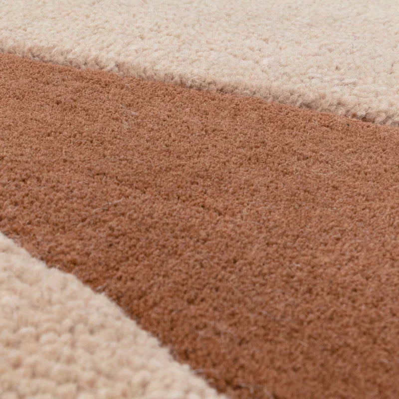 Closeup of textured beige and brown area rug with soft pile