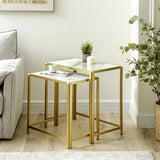Set of 2 Gold Metal Nesting Table with White Marble Top