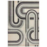 Grey geometric area rug with overlapping curved line pattern on cream background