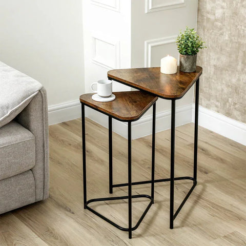 Set of 2 Black Metal Nesting Table with Brown Wooden Top