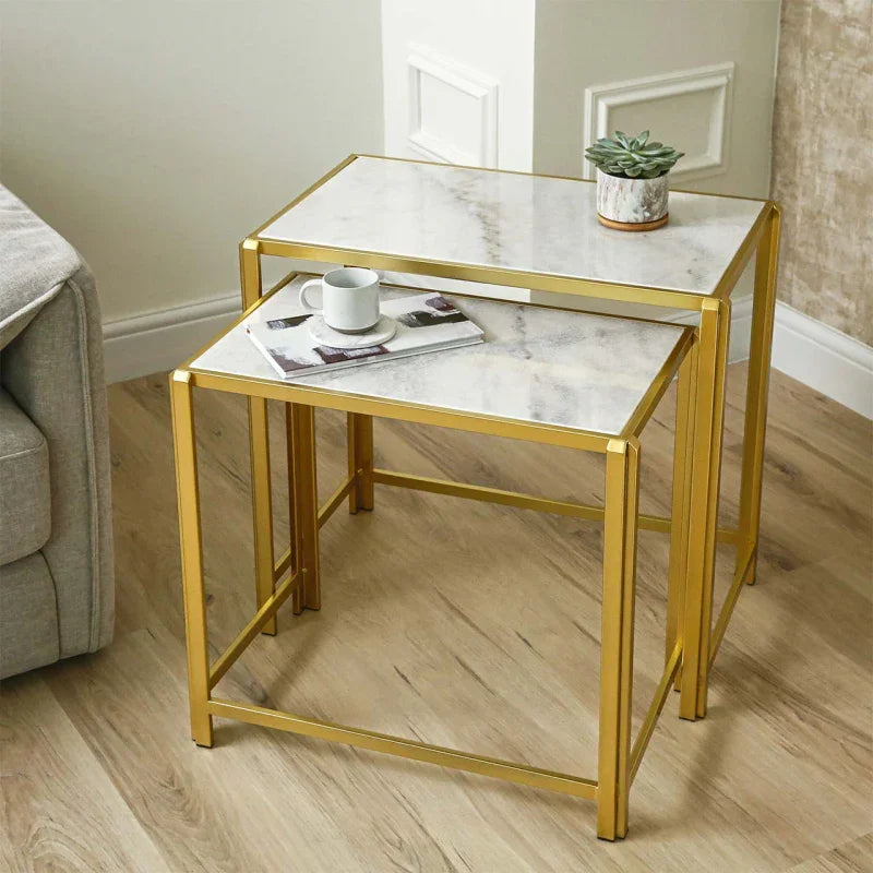 Set of 2 Gold Metal Nesting Table with White Marble Top