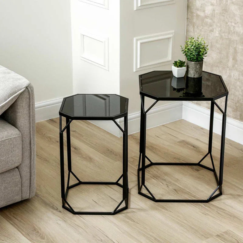 Set of 2 Black Metal Nesting Table with Black Mirror Top