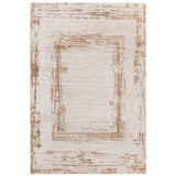 Beige and cream distressed area rug with abstract rectangular border pattern