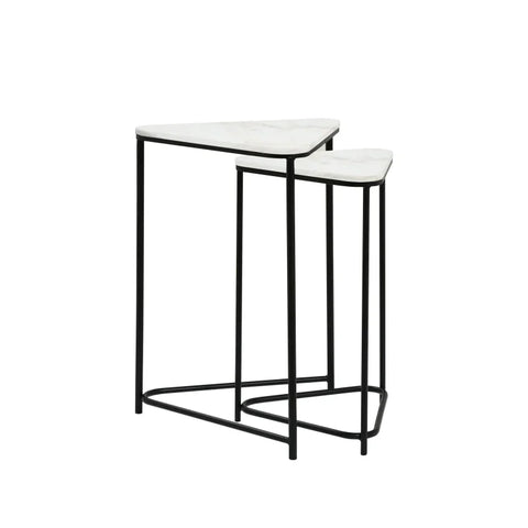 Set of 2 Black Metal Nesting Table with White Marble Top