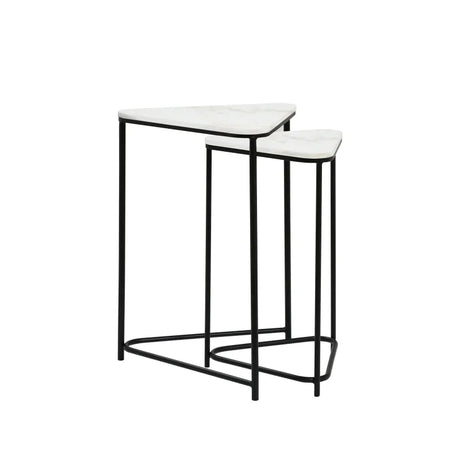 Set of 2 Black Metal Nesting Table with White Marble Top