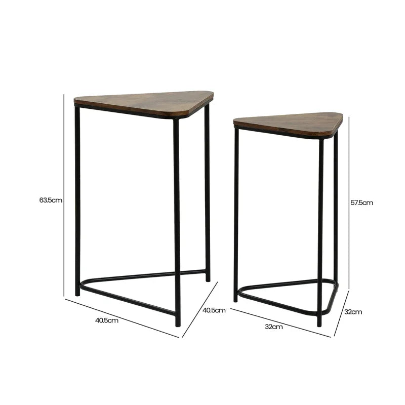 Set of 2 Black Metal Nesting Table with Brown Wooden Top