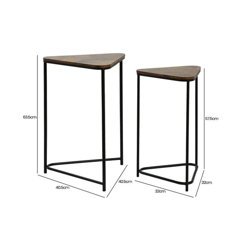 Set of 2 Black Metal Nesting Table with Brown Wooden Top